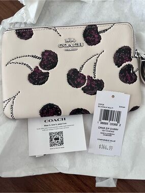 Coach Cherry Print Corner Zip Wristlet Chalk NWT